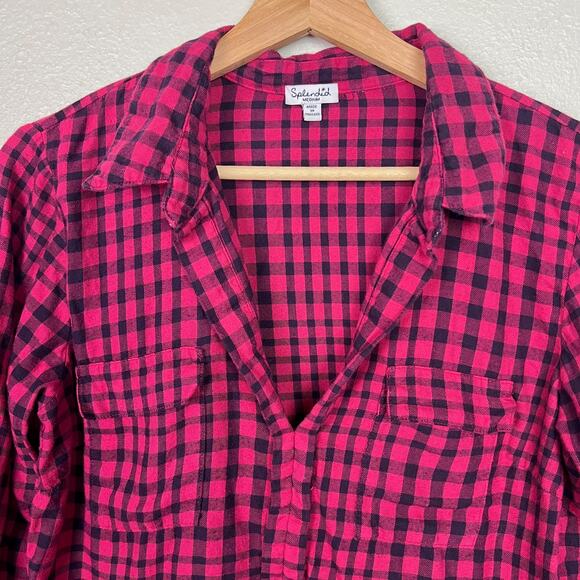 Splendid Women's Medium Fuchsia Pink Check Plaid Long Sleeve Cotton Popover Top - Picture 2 of 7